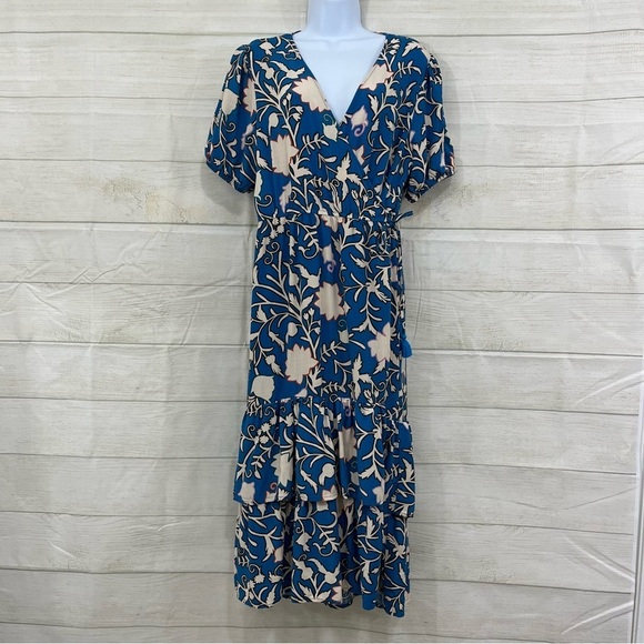 Knox Rose Blue Floral V Neck Wrap Tiered Hem Long Dress - Picture 1 of 13